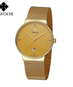 WWOOR Golden Stainless Steel Mesh Wrist Watch